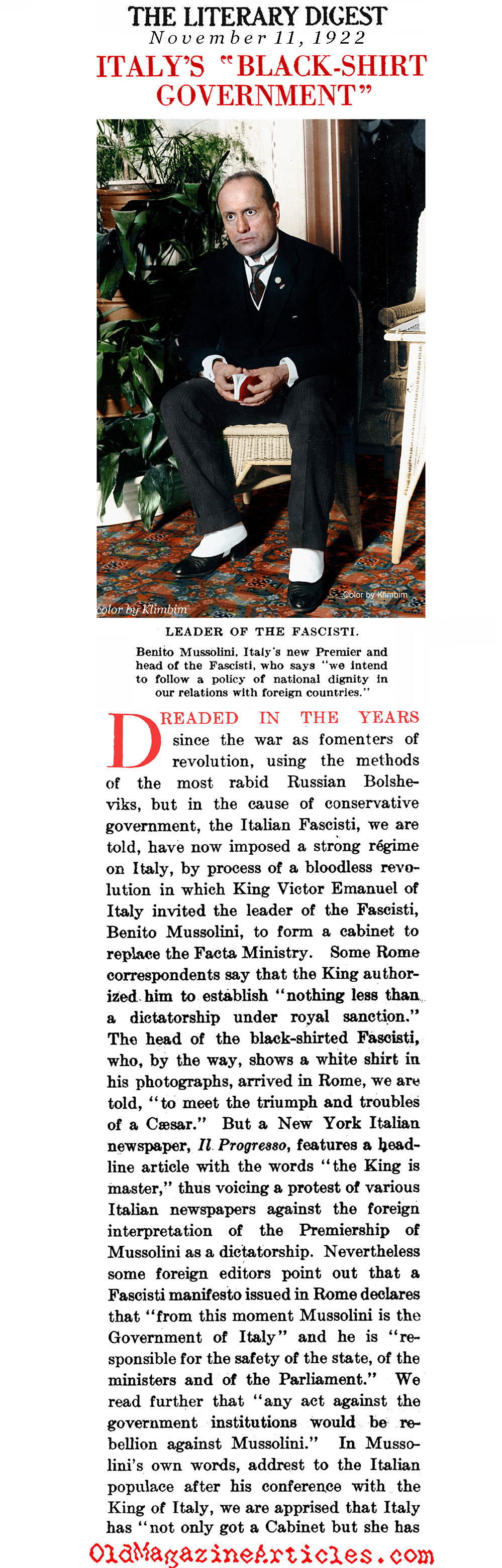 The King of Italy Smiles on the Fascists  (The Literary Digest, 1922)